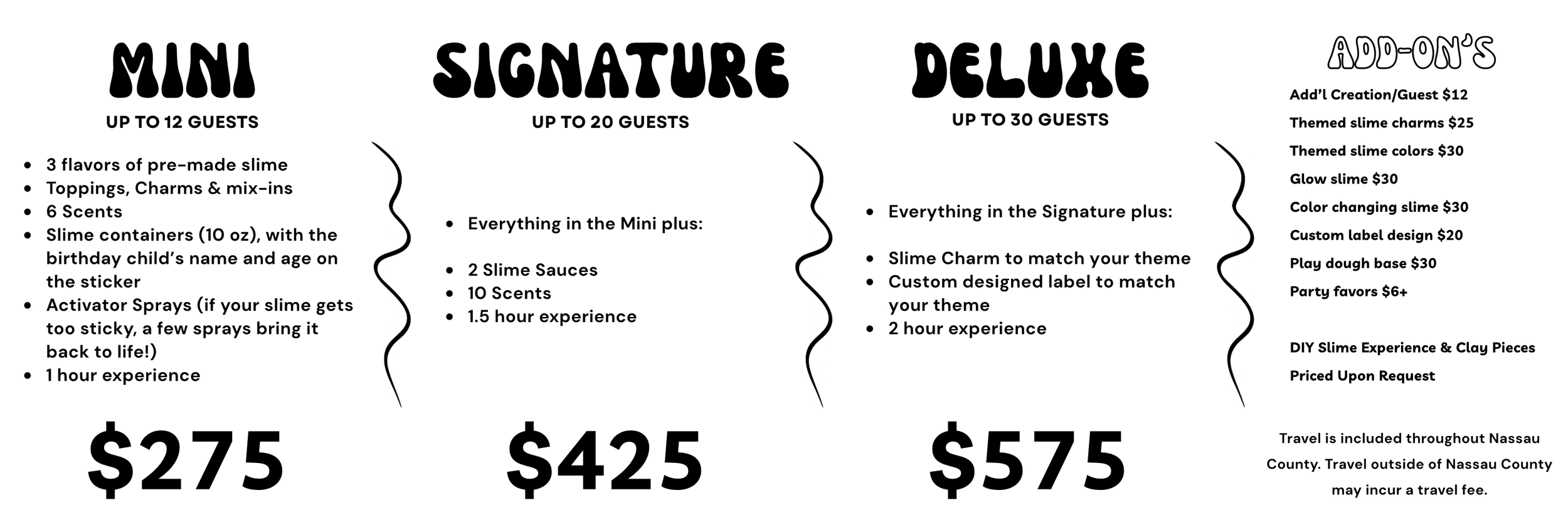 Pricing menu for slime-making experiences with options for Mini, Signature, Deluxe, and Add-On choices, including details and prices.