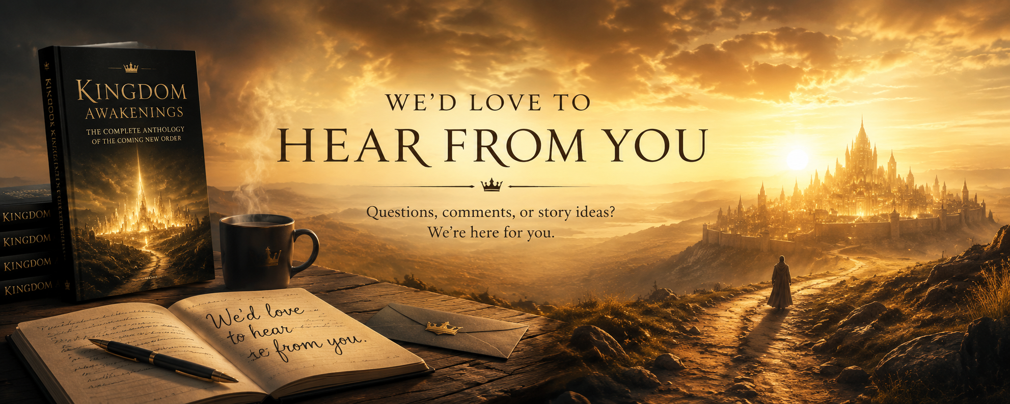 Fantasy scene with a golden castle, a person walking on a dirt path, a mountain landscape, a table with a book, pen, mug, and envelope, and a sunset sky with clouds. Text over the scene reads, "We'd love to hear from you. Questions, comments, or story ideas? We're here for you."