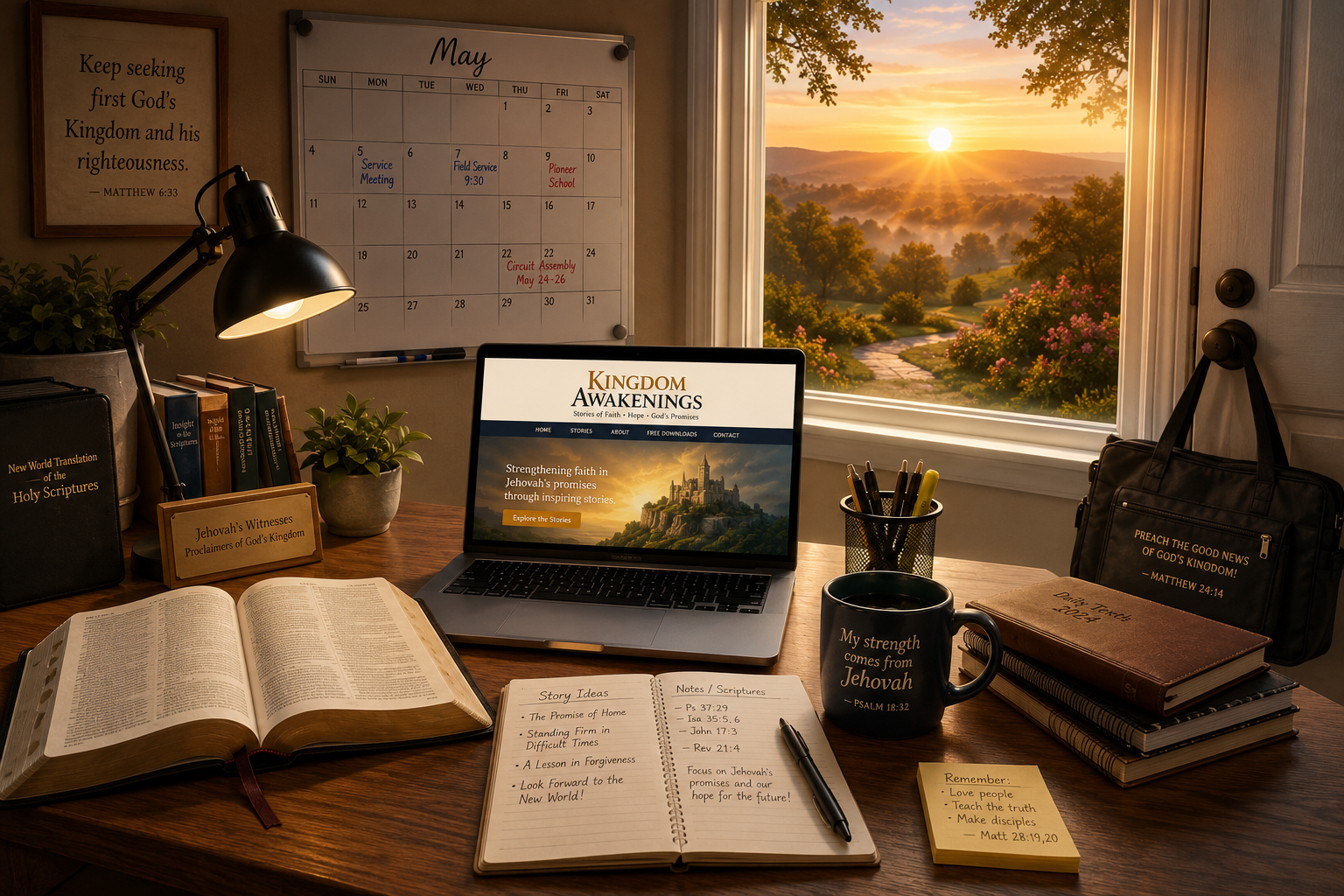 A well-organized desk with a Bible, notebooks, a laptop displaying 'Kingdom Awakenings', a mug with a Bible verse, a container of pens, and a stack of books, all illuminated by a desk lamp. An open window reveals a scenic view of a sunset over a landscape with trees and flowers.