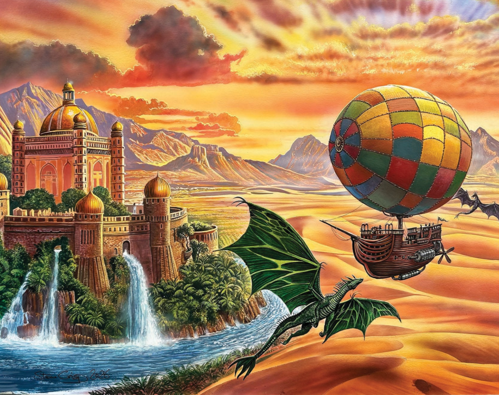 A fantasy scene with a large ornate castle on a lush waterfall landscape, mountains in the background, and a colorful hot air balloon shaped like a ship flying in a desert with dragons flying nearby, all under a vibrant sunset sky.