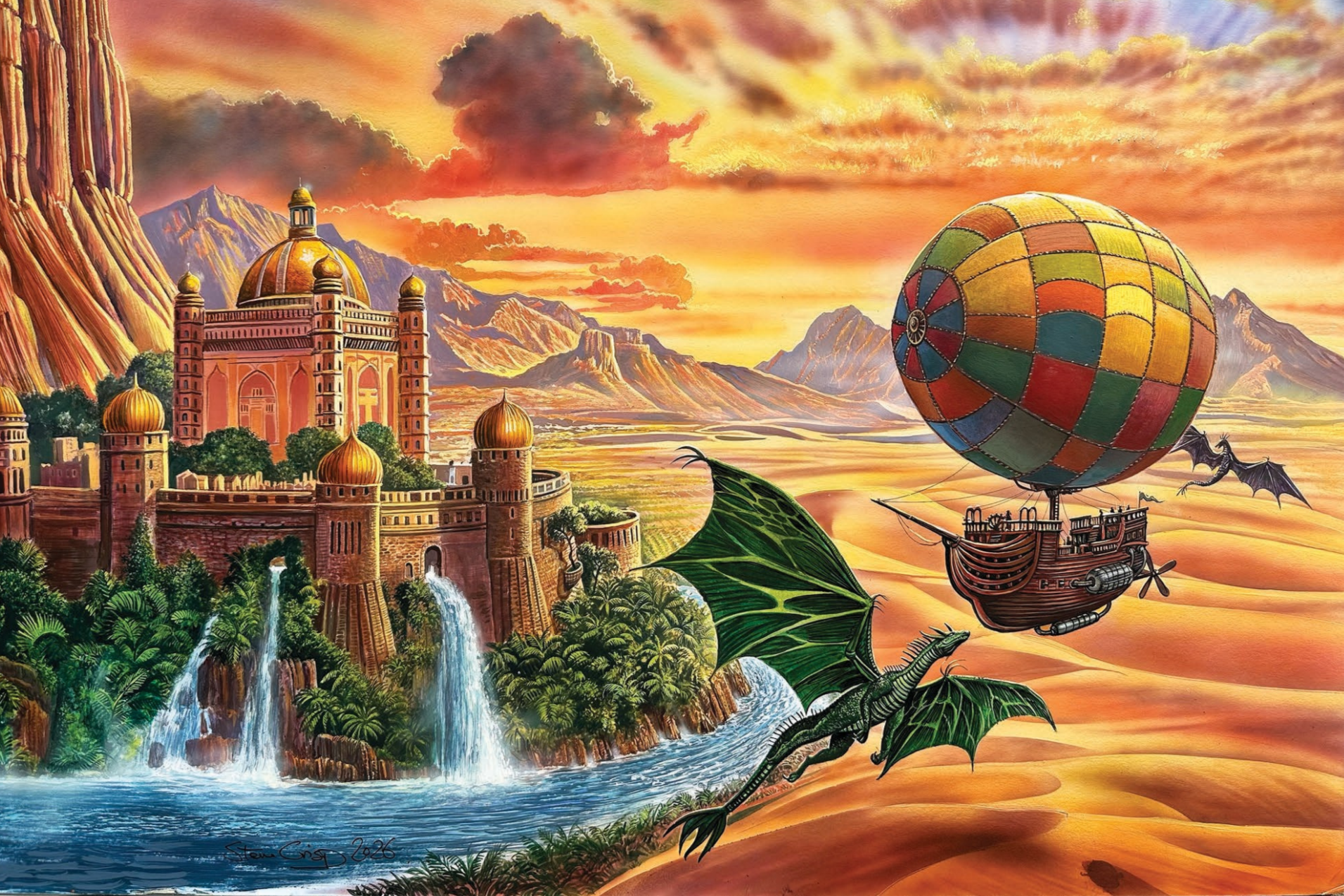 Fantasy landscape featuring a majestic palace with domes, waterfalls cascading into a river surrounded by lush greenery, a colorful hot air balloon styled as a ship with dragon wings and a dragon flying nearby, set against a vibrant sunset sky over mountains.