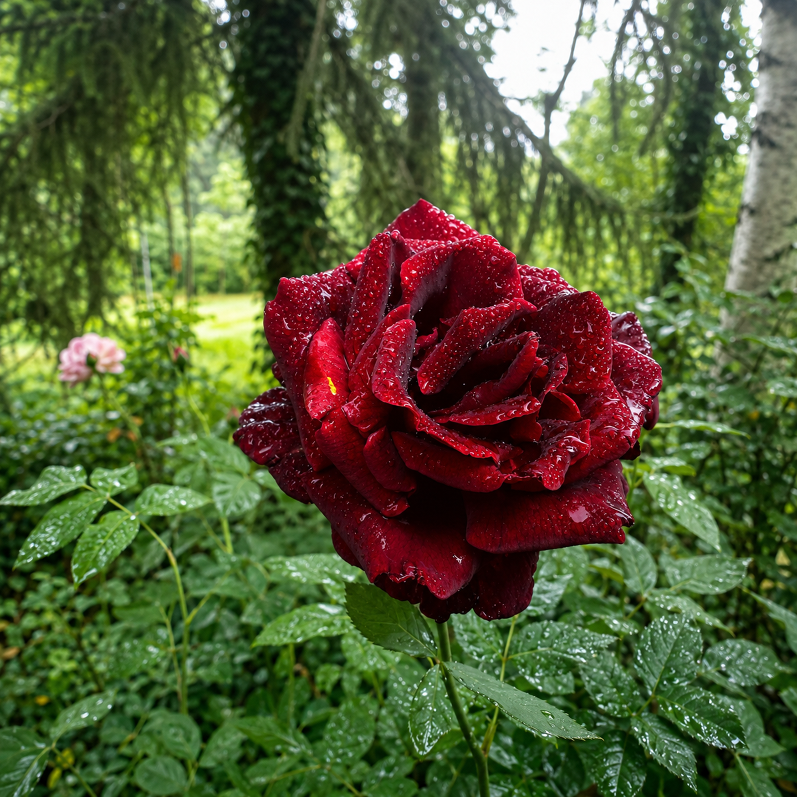 A dark red rose with water droplets on its petals, set against a lush green garden background with trees and other plants.