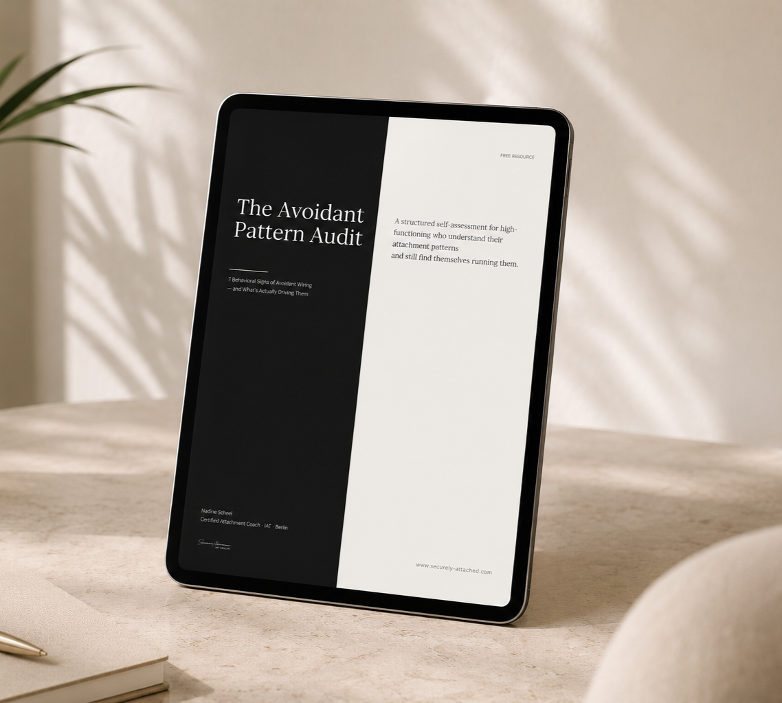 Digitales Gerät zeigt eine Seite eines Berichts mit dem Titel "The Avoidant Pattern Audit" und einer Beschreibung, auf einem Tisch mit einem Notizbuch und Stift