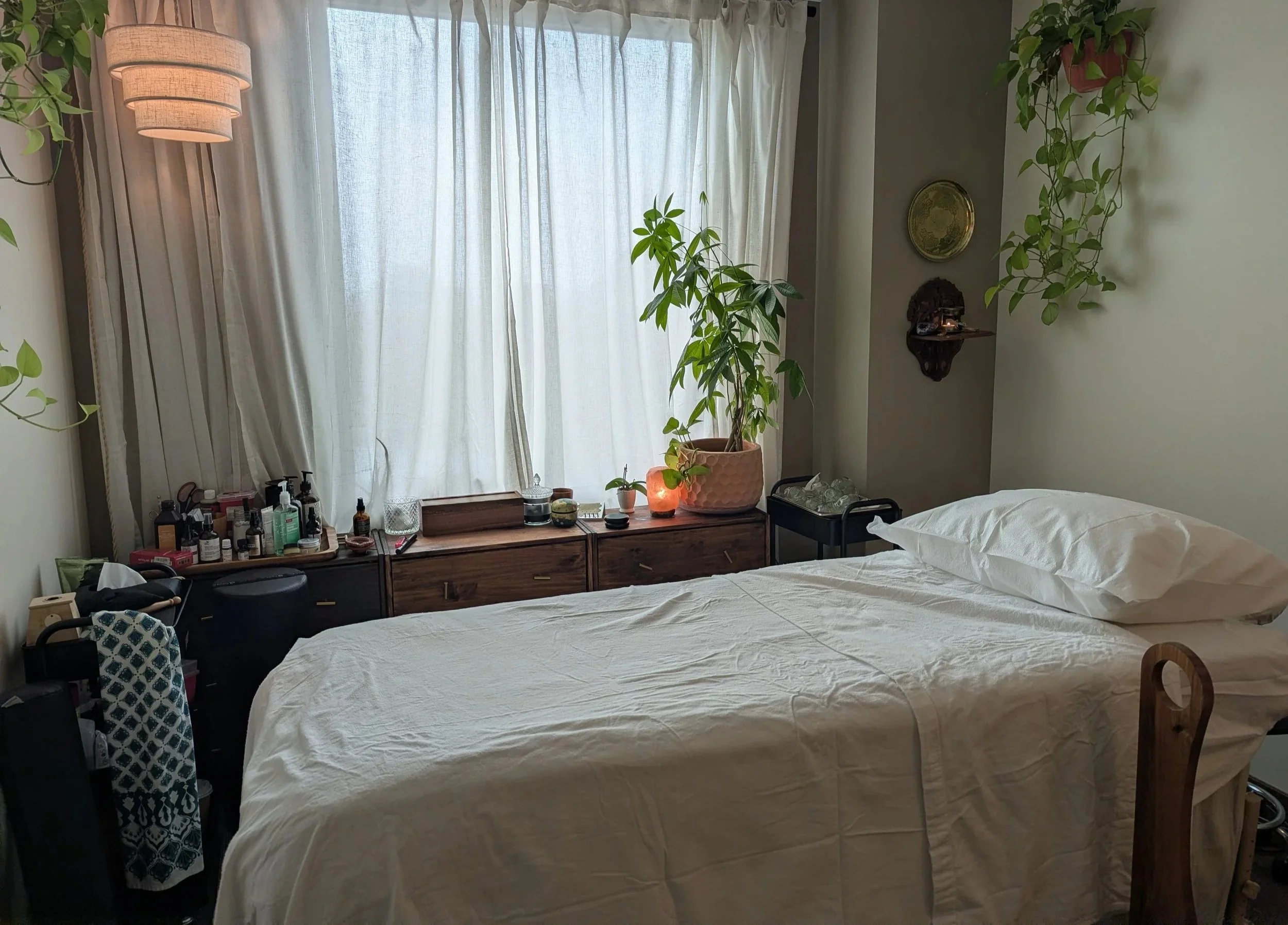 Treatment room with a made-up treatment table, houseplants, and sheer curtains over a sunny window