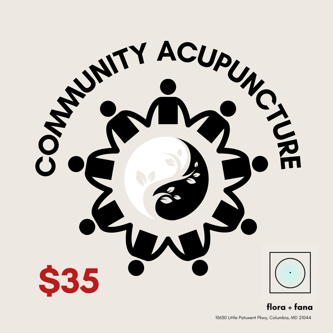 Community acupuncture flyer with a circle of seated figures around a yin-yang symbol, $35