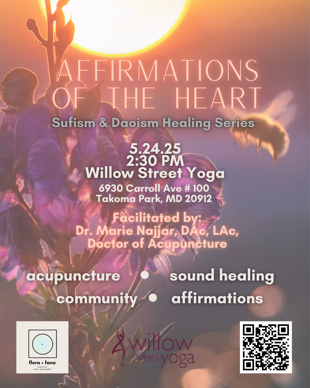 Flyer for Affirmations of the Heart, Sufism and Daoism Healing Series, May 24, 2025, 2:30 PM, Willow Street Yoga