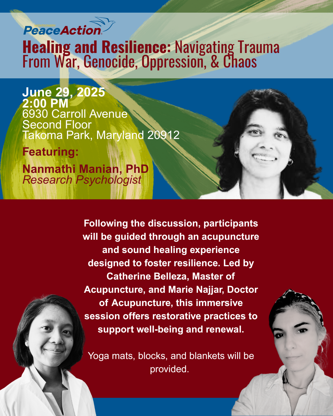 Flyer for Healing and Resilience: Navigating Trauma From War, Genocide, Oppression, and Chaos, presented with Peace Action, June 29, 2025, 2 PM