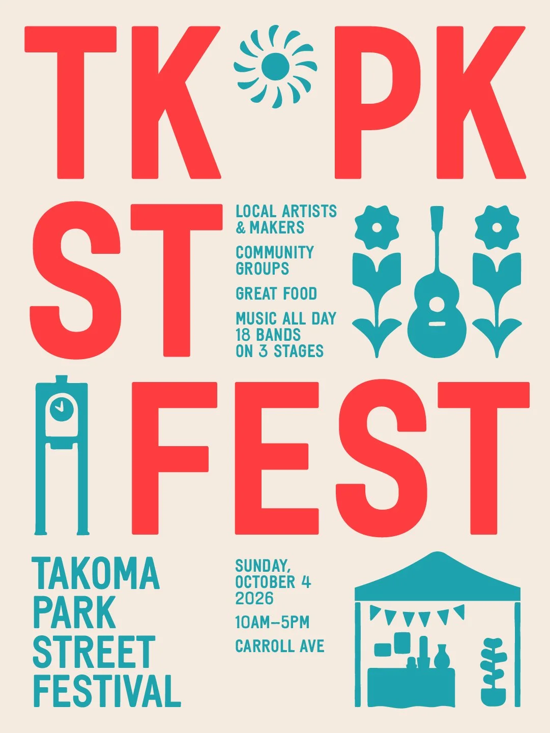 Takoma Park Street Festival poster: Sunday, October 4, 2026, 10 AM to 5 PM on Carroll Ave