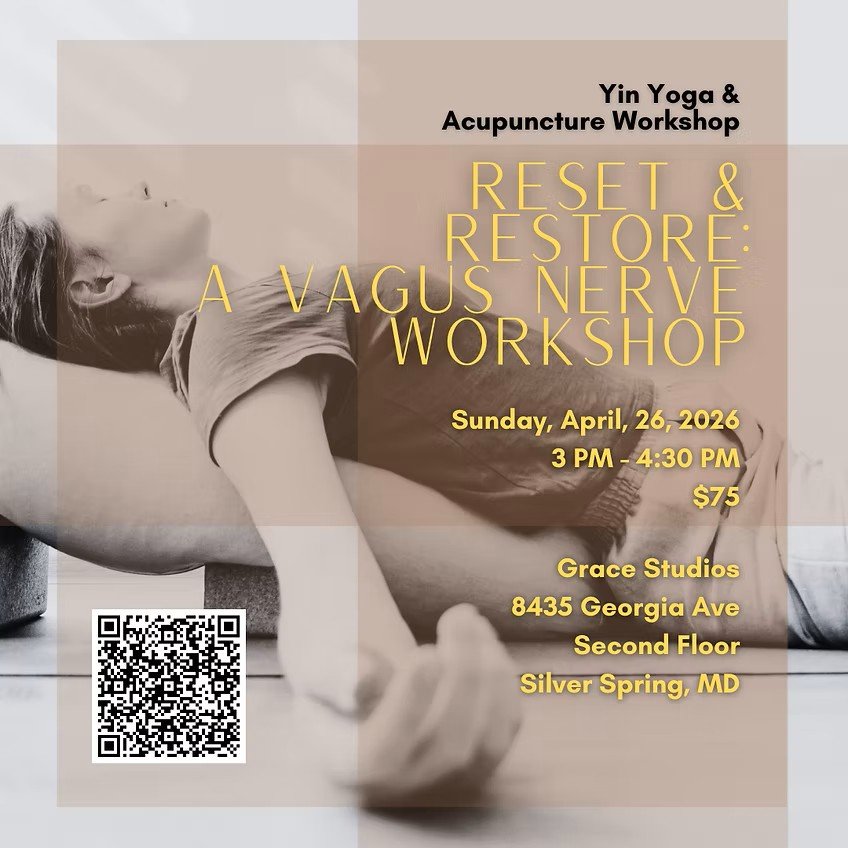 Flyer for Reset and Restore: A Vagus Nerve Workshop, Sunday, April 26, 2026, 3 to 4:30 PM, Grace Studios, Silver Spring