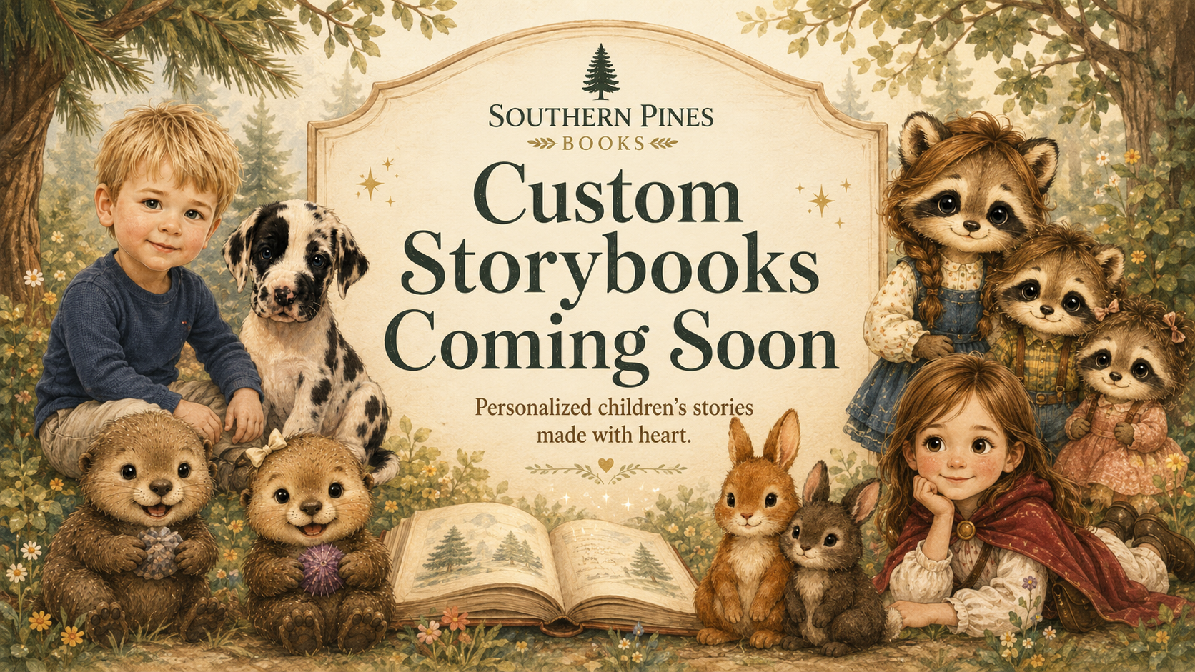 An illustrated advertisement for Southern Pines Books announcing upcoming custom storybooks for children. The image features a young boy with blonde hair, sitting with a Dalmatian puppy and a small bear plush, along with several furry animal characters and two young girls dressed in vintage clothing, all set in a lush, woodland background with an open storybook in front.