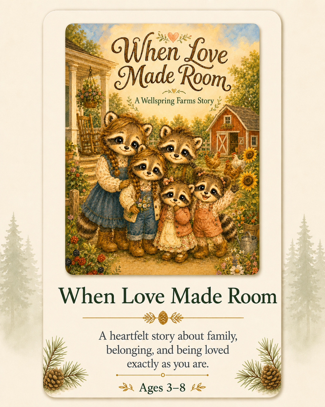 Book cover titled "When Love Made Room," featuring anthropomorphic raccoons and a warm farm scene with a barn, chickens, sunflowers, and greenery, adapted for children ages 3-8.