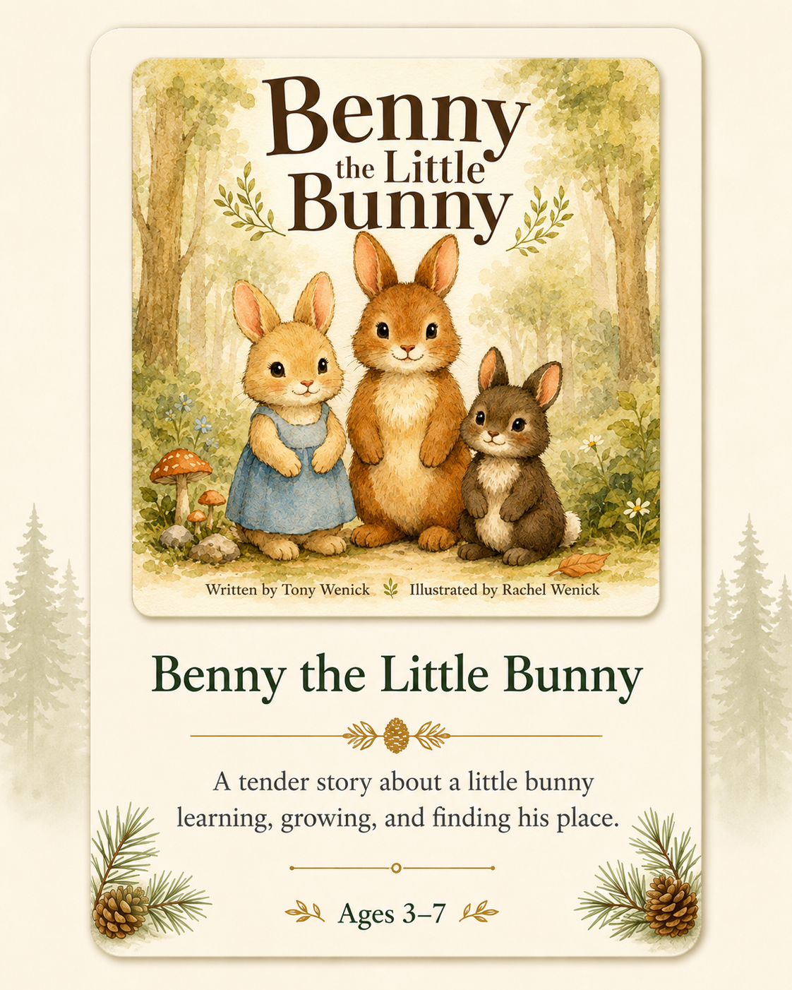 Children's book cover titled "Benny the Little Bunny" featuring three illustrated bunnies in a forest setting, with additional text about the story and its target age range.