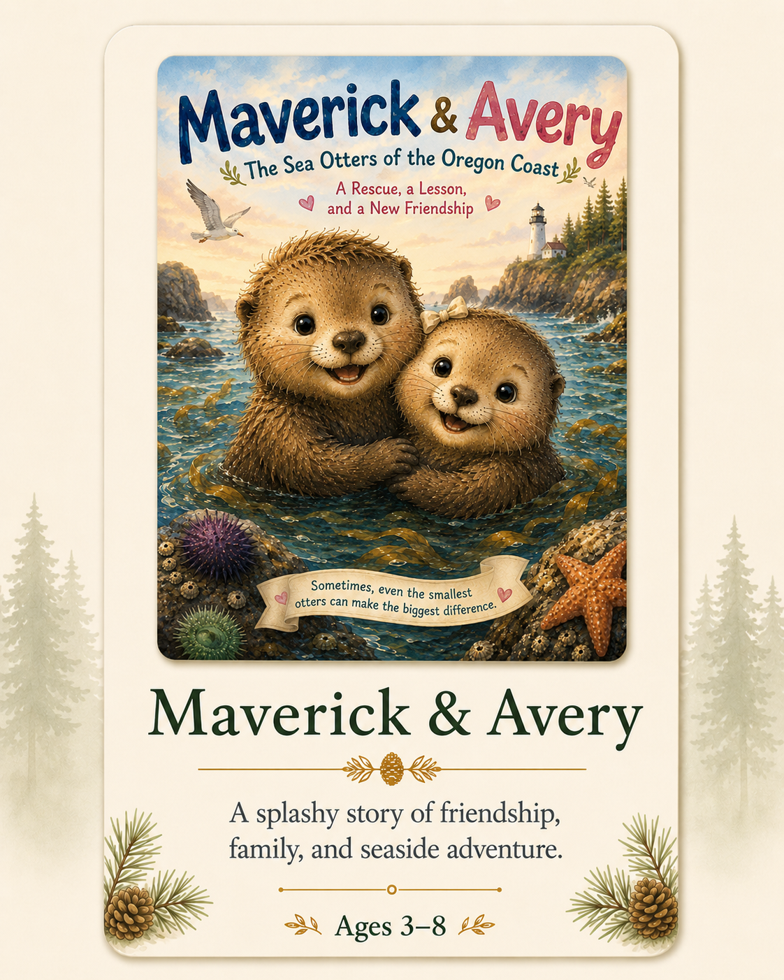 Book cover titled "Maverick & Avery: The Sea Otters of the Oregon Coast." Features illustrated sea otters, a lighthouse, and ocean scene in the background, with seashells, starfish, and sea urchins at the bottom, and text describing a friendship story for ages 3-8.