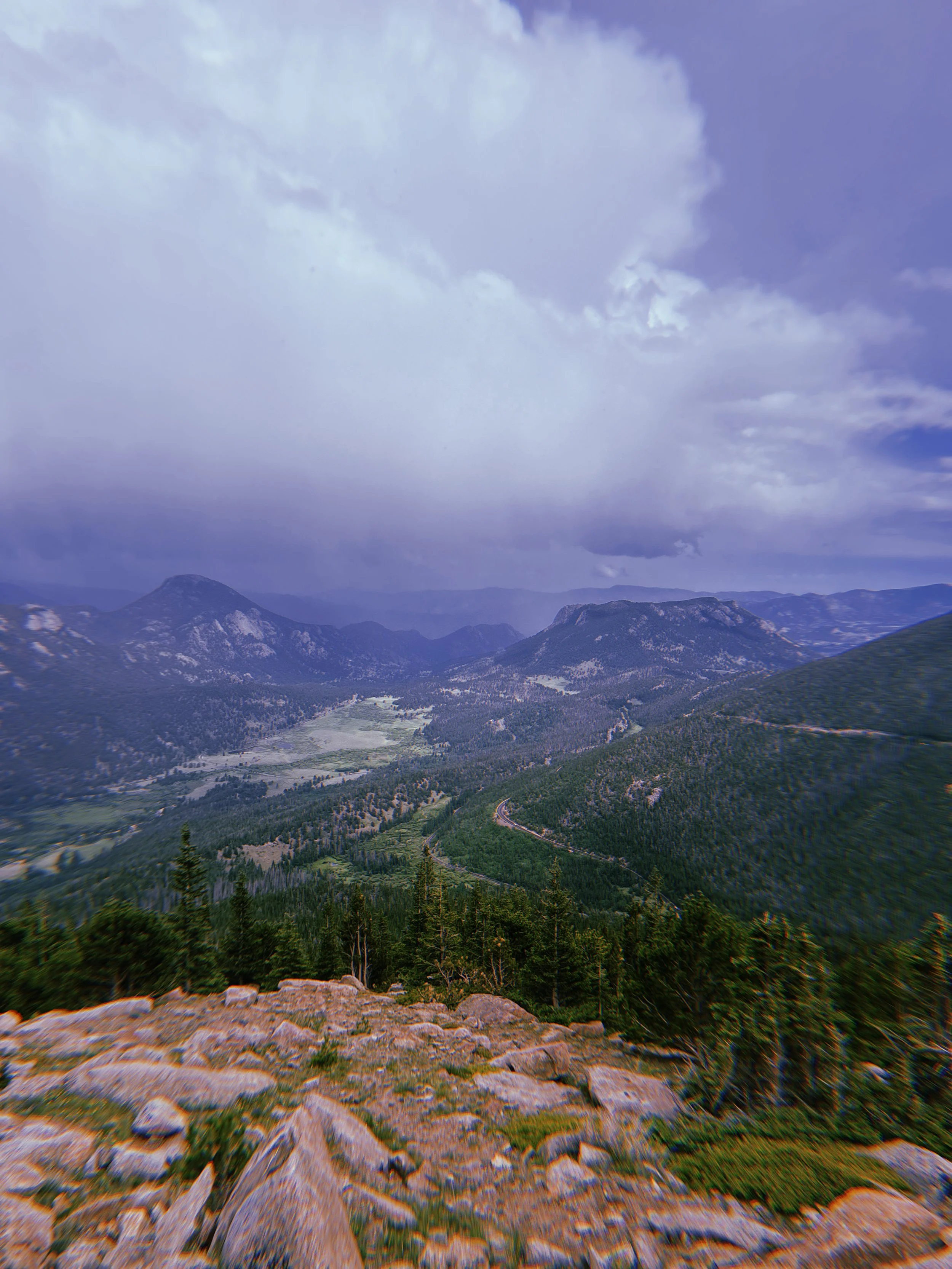 A mountain landscape with rocky foreground, dense green trees, mountain peaks, and a cloudy sky.