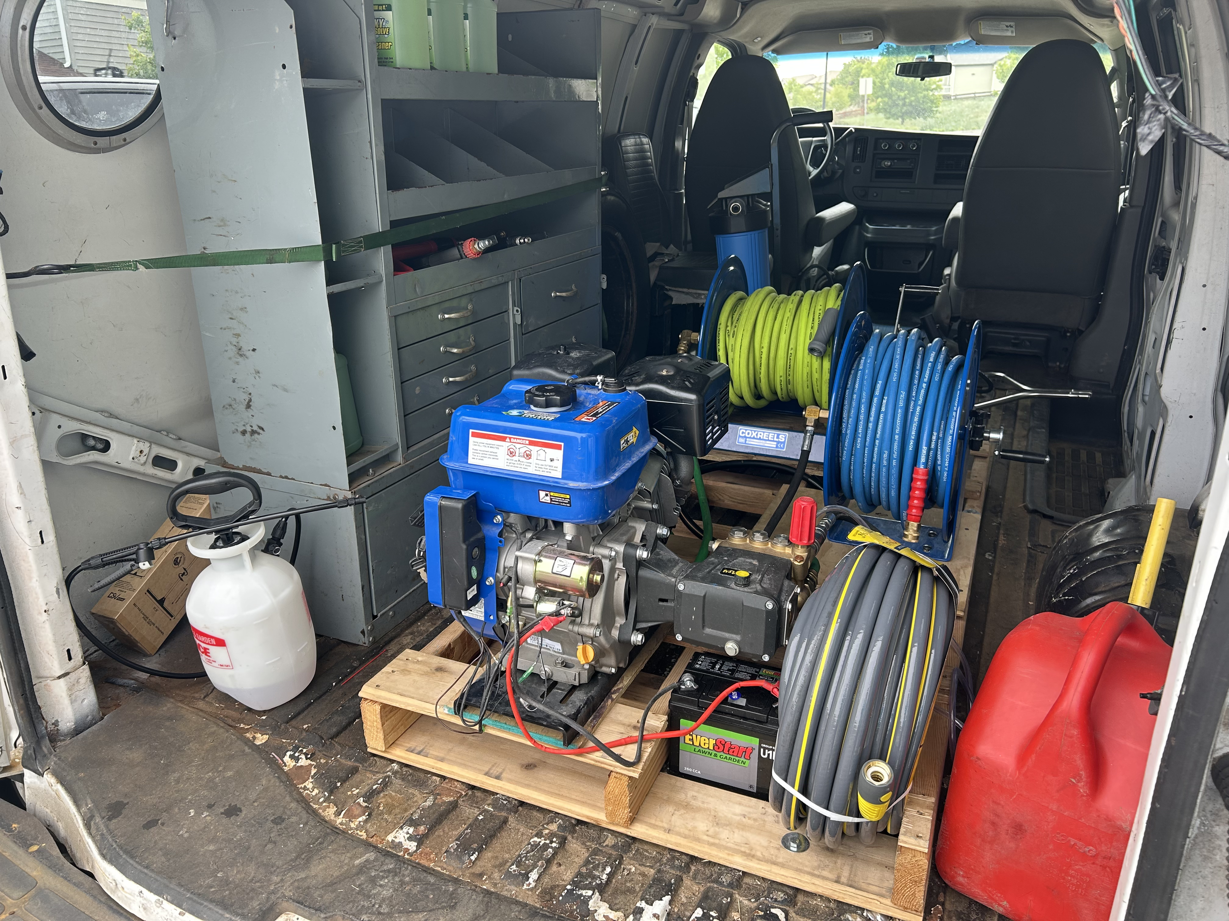Commercial grade van setup equipped for professional pressure washing, power washing, and soft washing in Douglas and El Paso County.