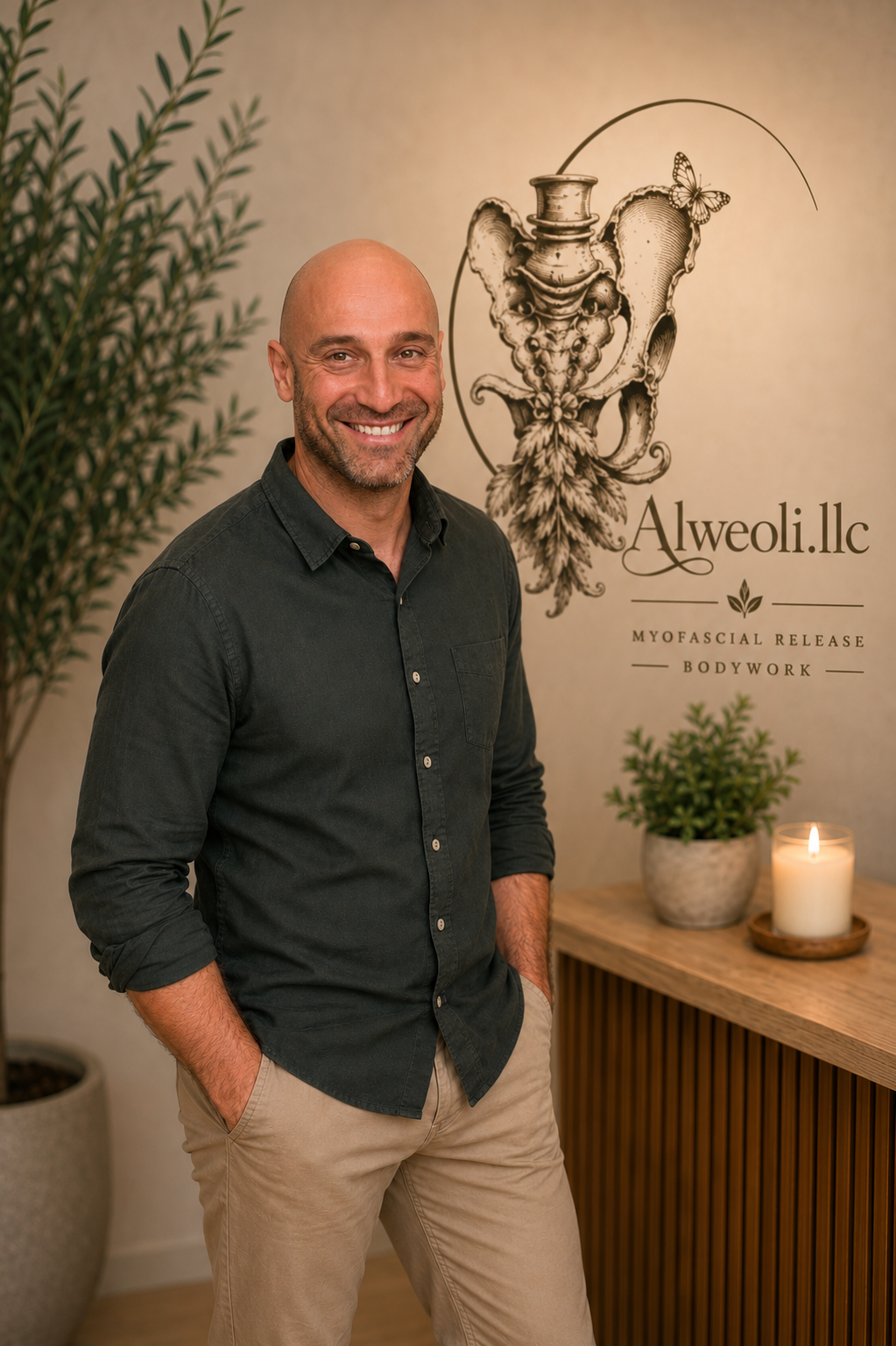 A smiling man with a beard and bald head wearing a dark green shirt and beige pants stands indoors. Behind him is a wall with a decorative logo of a butterfly and plant with the text 'Alweoli.llc' and 'Myofascial Release' and 'Bodywork.' There are potted plants and a lit candle on a wooden table nearby.