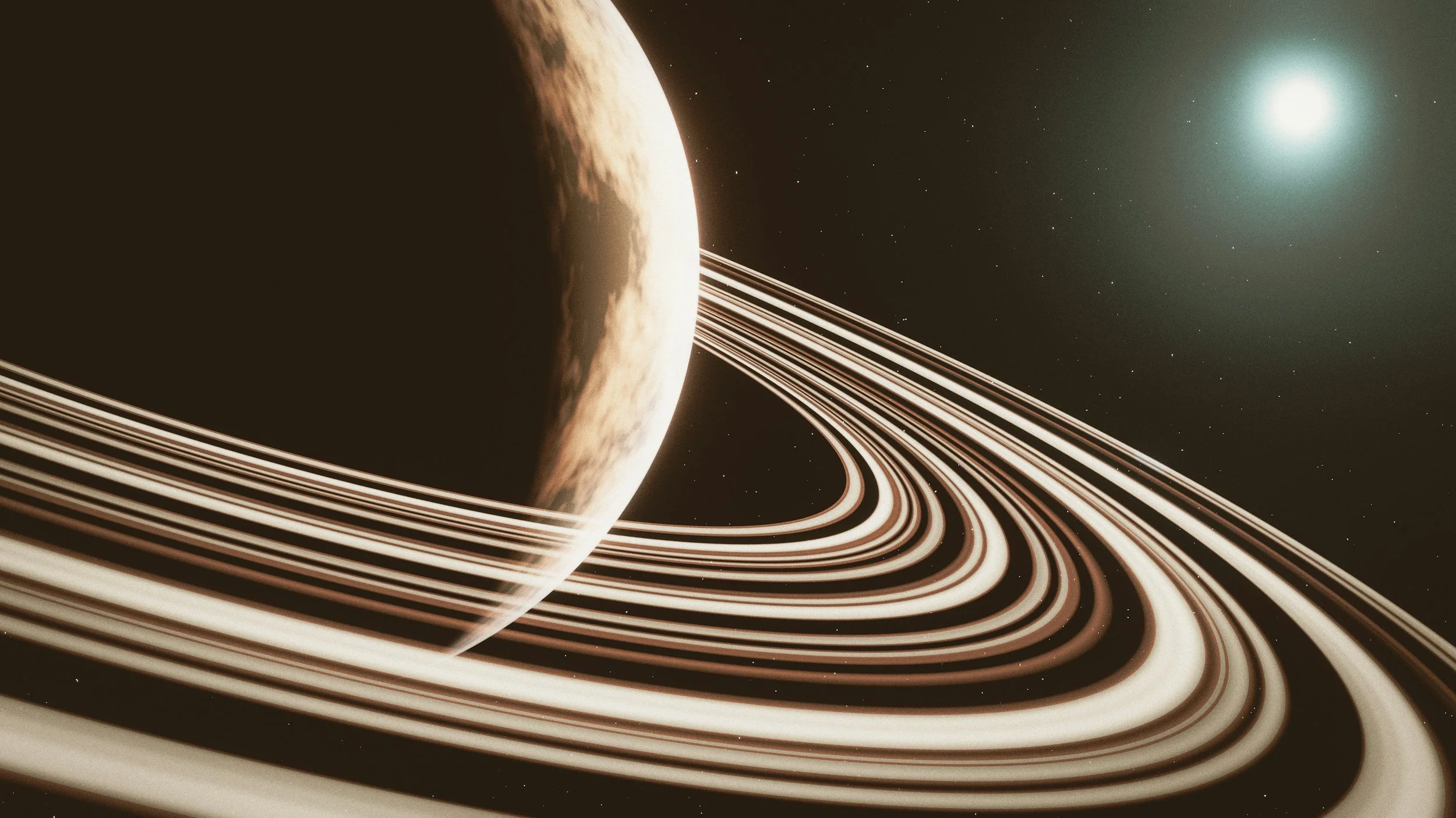 A planet with rings in space, with a bright light source behind it and stars scattered in the background.