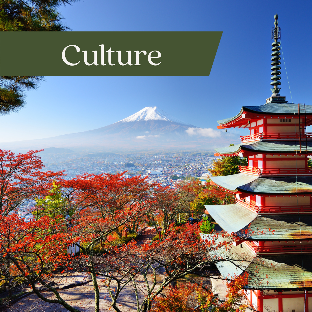 Scenic view of Mount Fuji with a pagoda and autumn trees in the foreground