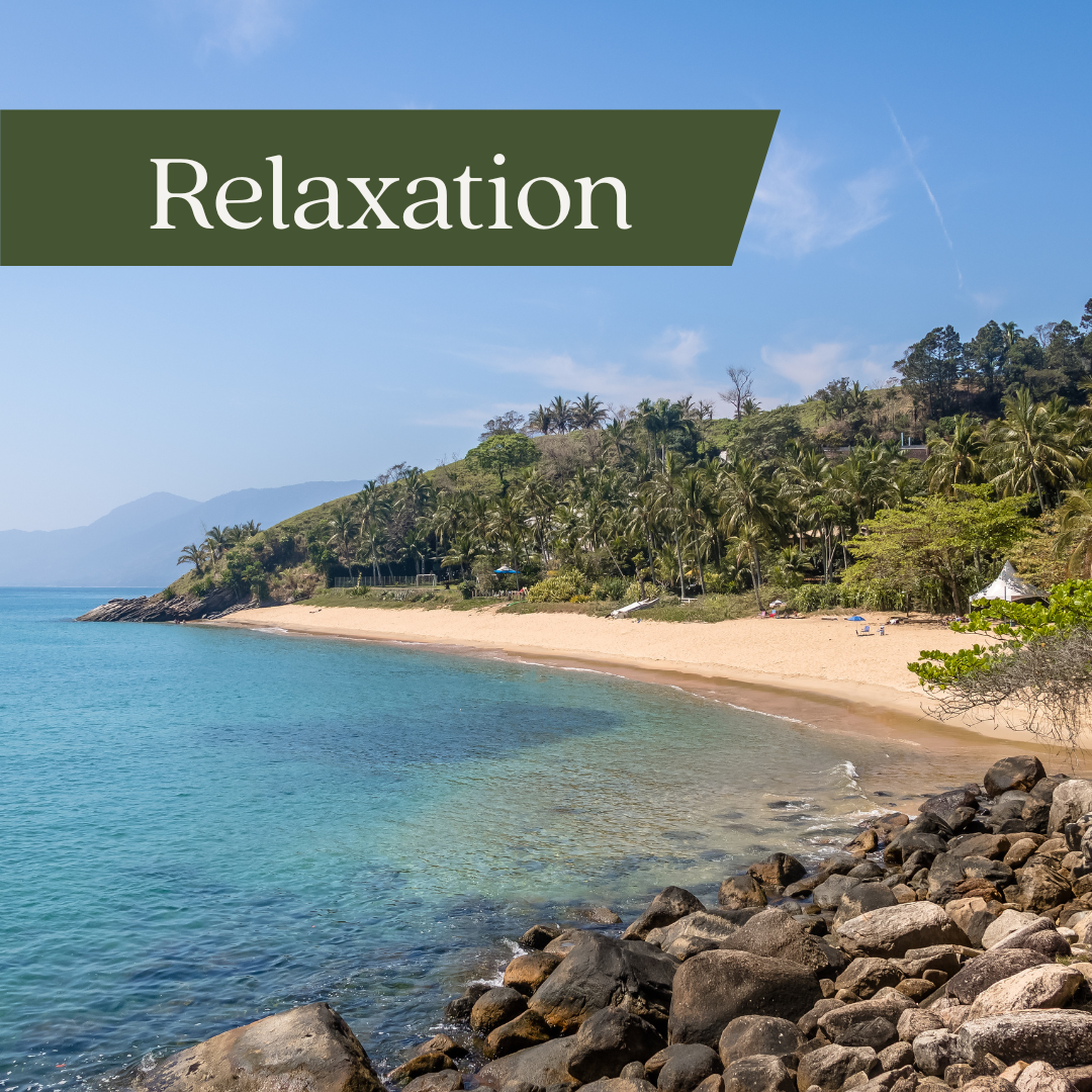 Tropical beach with clear blue water, sandy shore, and lush green hillside with palm trees, under a blue sky with clouds and a contrail.