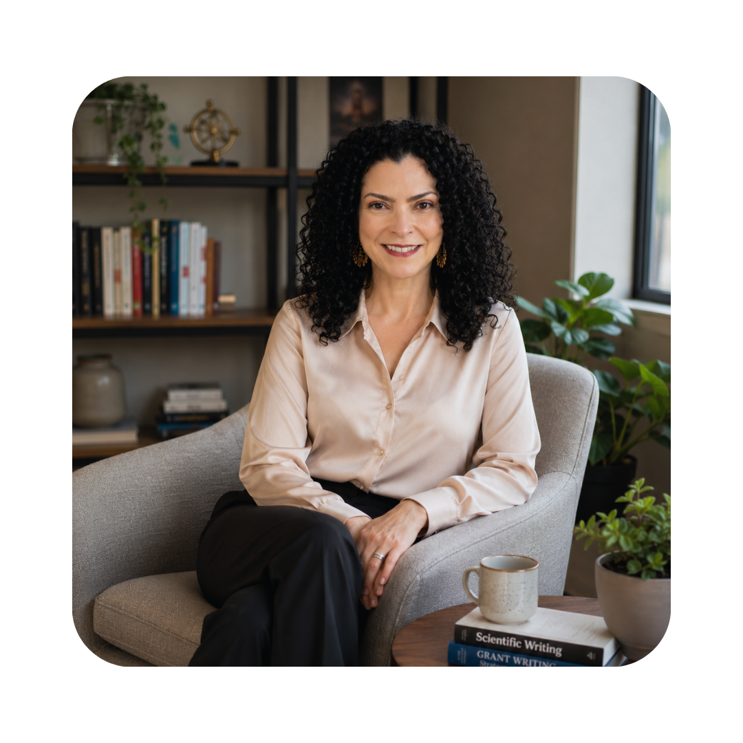 A woman with curly black hair sitting on a light gray armchair in a cozy room with bookshelves, plants, and a window. She is smiling and wearing a cream-colored blouse and black pants beside a small table with a white mug and books.