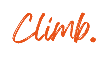 Text that says 'Climb.' in orange cursive font.