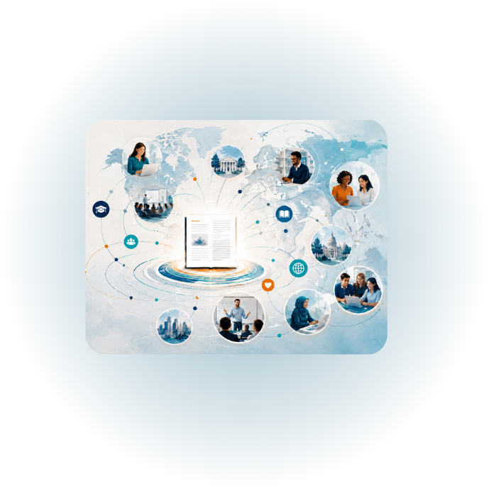 Digital graphic of a world map with connected images of people, buildings, and icons representing education, communication, and global connectivity centered around an open book.