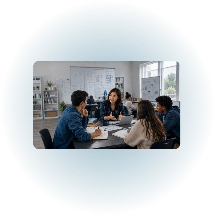 Group of four diverse young adults having a discussion at a table in a classroom or meeting room with whiteboards and shelves in the background.