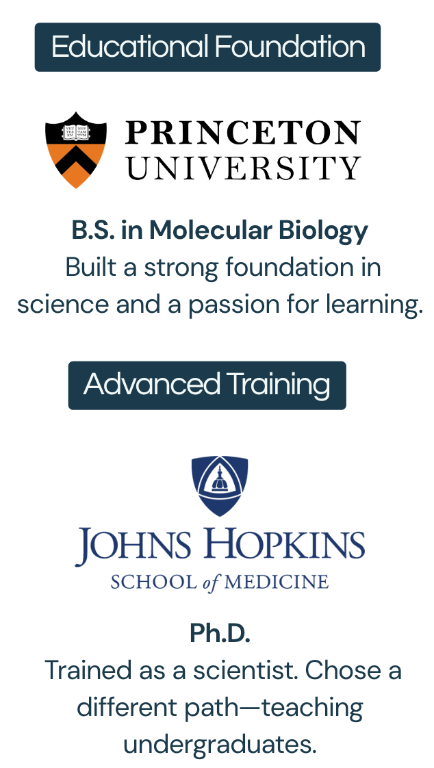A promotional poster for Johns Hopkins School of Medicine. It features a message about pursuing a Ph.D., with a focus on molecular biology, emphasizing a strong foundation in science and passion for learning. The poster highlights advanced training and mentions that the individual chose a different path, teaching undergraduates.