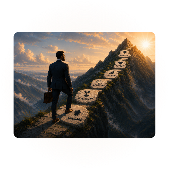 An illustration of a man in a suit carrying a briefcase, standing on a mountain path with stepping stones labeled with words like 'Courage,' 'Investment,' 'Learning,' 'Growth,' 'Impact,' 'Purpose,' and 'Fulfillment,' leading up to a mountain summit at sunset.
