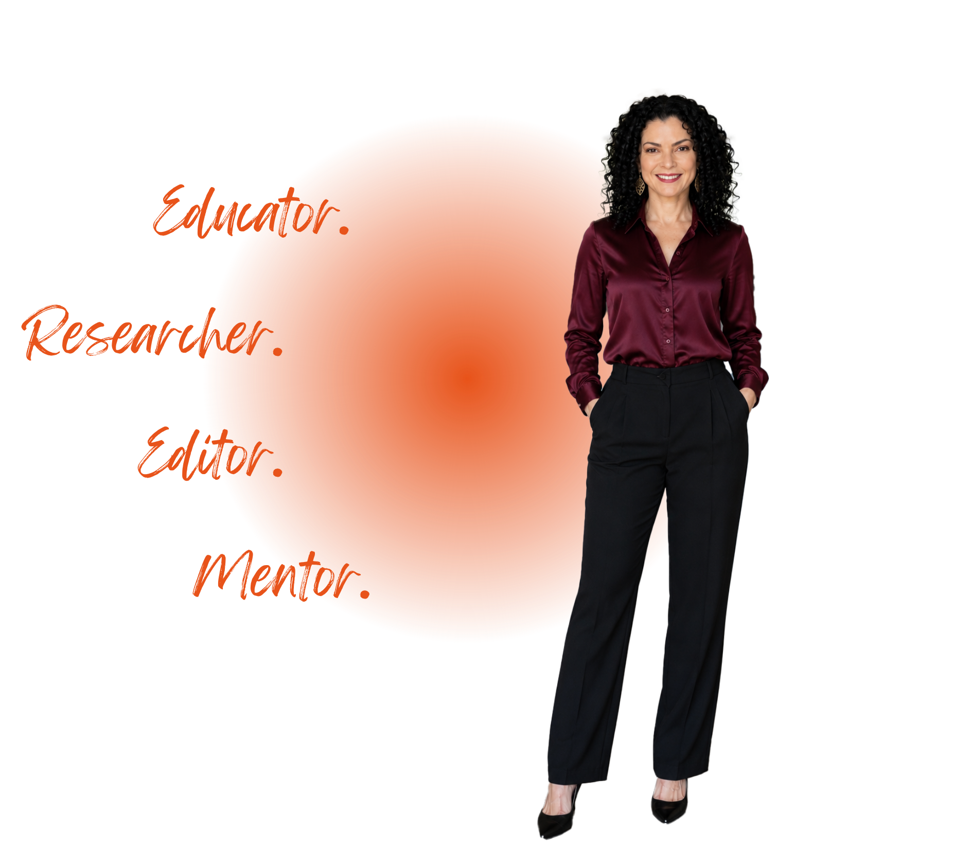 A woman with curly black hair wearing a maroon satin long sleeve shirt, black high-waisted trousers, and black high heels, smiling and standing with her hands in her pockets.