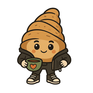 Cartoon character with a shell-shaped head, holding a cup, wearing a jacket and sneakers.