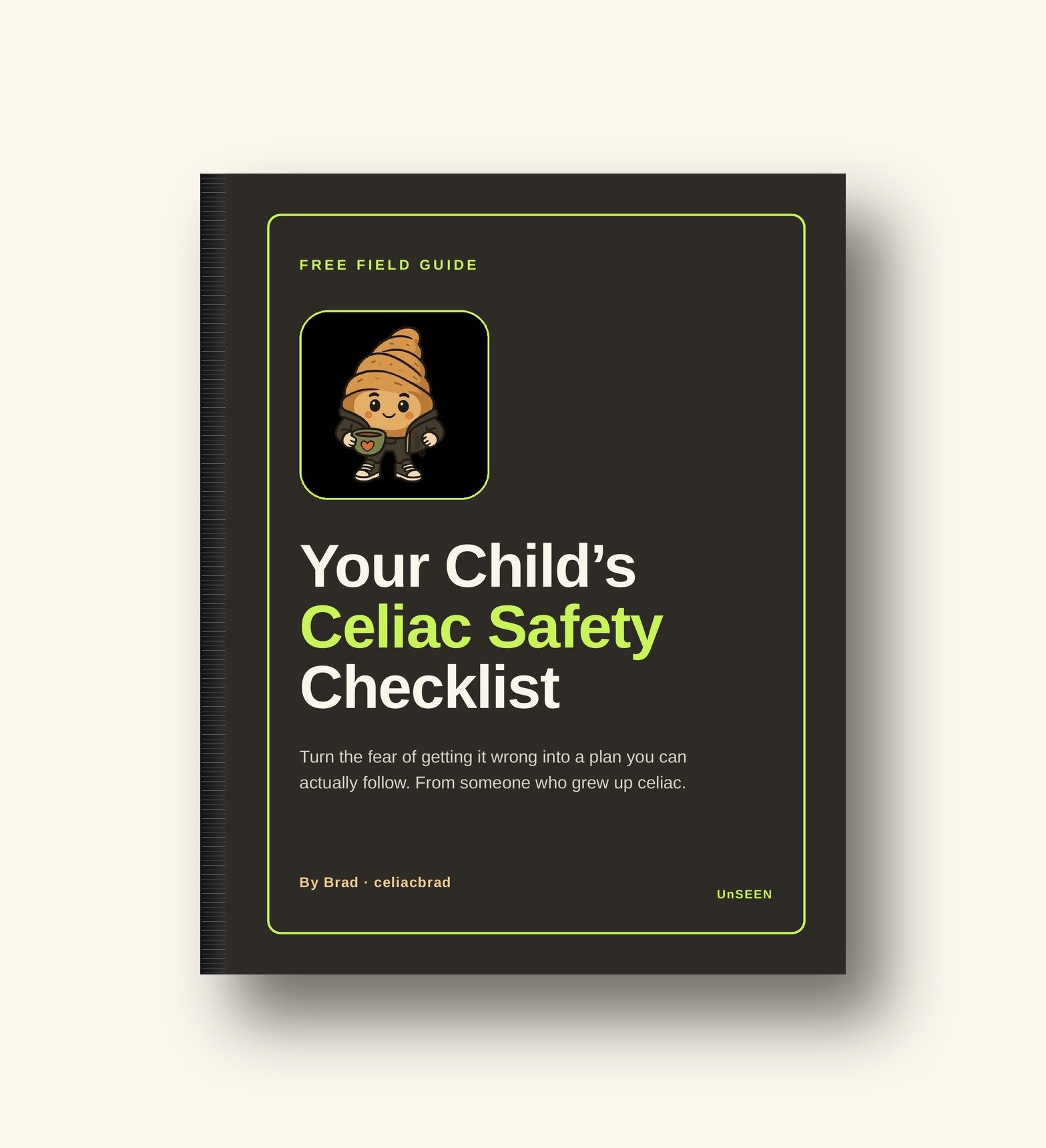 Cover of a guide titled "Your Child's Celiac Safety Checklist" with an illustration of a cute character with a celiac-themed hat, holding a cup, on a black background with green accents.