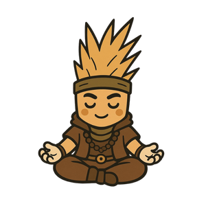 A cartoon character in a meditative pose, sitting cross-legged with eyes closed, wearing tribal attire and accessories.