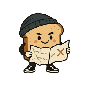 Cute cartoon character resembling a piece of toast with a knit cap, holding a map with a marked route, smiling.