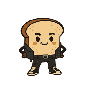 Cartoon character of a slice of bread with a smiling face, wearing black sunglasses, a black jacket, black pants, and white shoes.