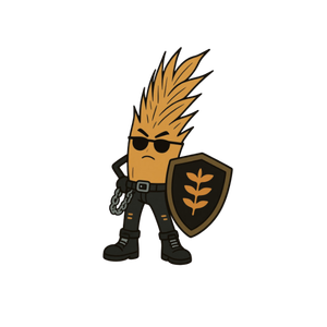 Cartoon character with spiky blonde hair, sunglasses, black clothing, holding a shield with a leaf emblem.
