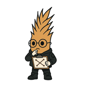 Cartoon character with spiky blond hair and glasses, holding a clipboard with an X and a check mark, on a black background.