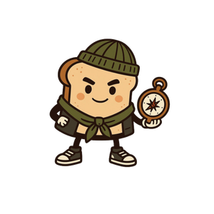 Cartoon character dressed as a hiker holding a compass and wearing a beanie, jacket, and sneakers.