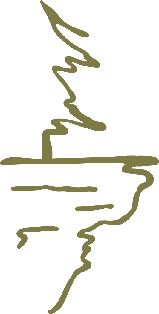 A minimalist line drawing of a cedar tree and rock bluff.