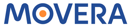 MOVERA Logo in Blau mit orangefarbenem Punkt im 'O'