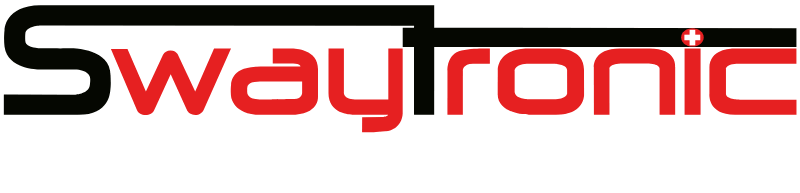 Logo des Unternehmens Swaytronic mit schwarzer Linie über dem Text und einem roten Text auf weißem Hintergrund.