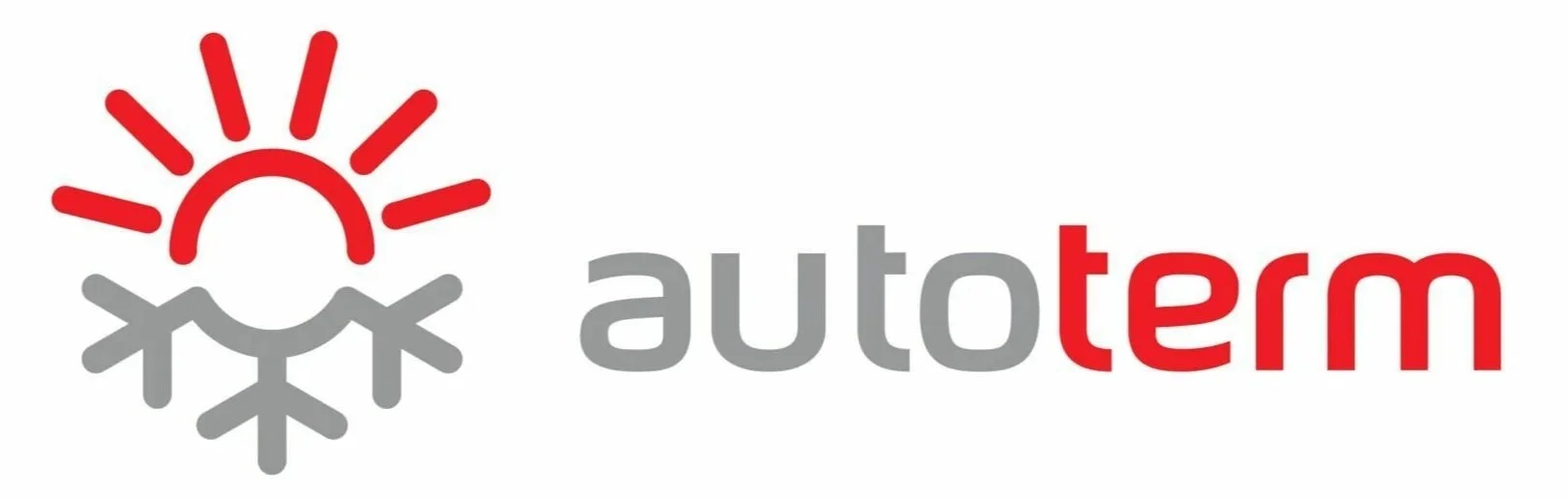 Logo mit roten Sonnenstrahlen, einem Schneeflockensymbol und dem Schriftzug 'autTerm' in Grau und Rot.