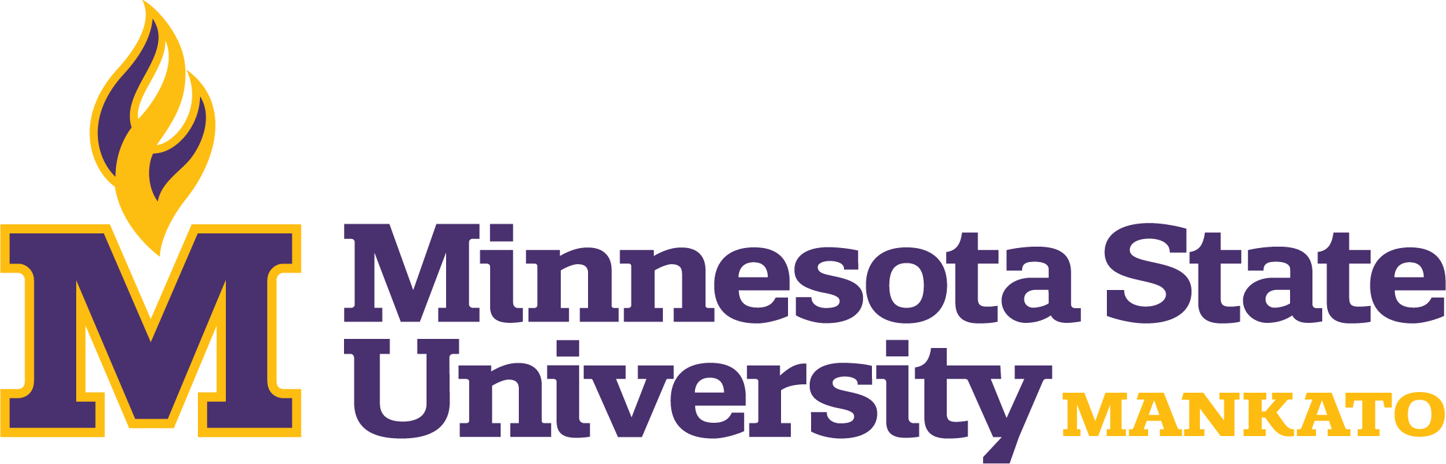 Minnesota State University Mankato logo with a purple and yellow flame icon and the name written in purple and yellow text.