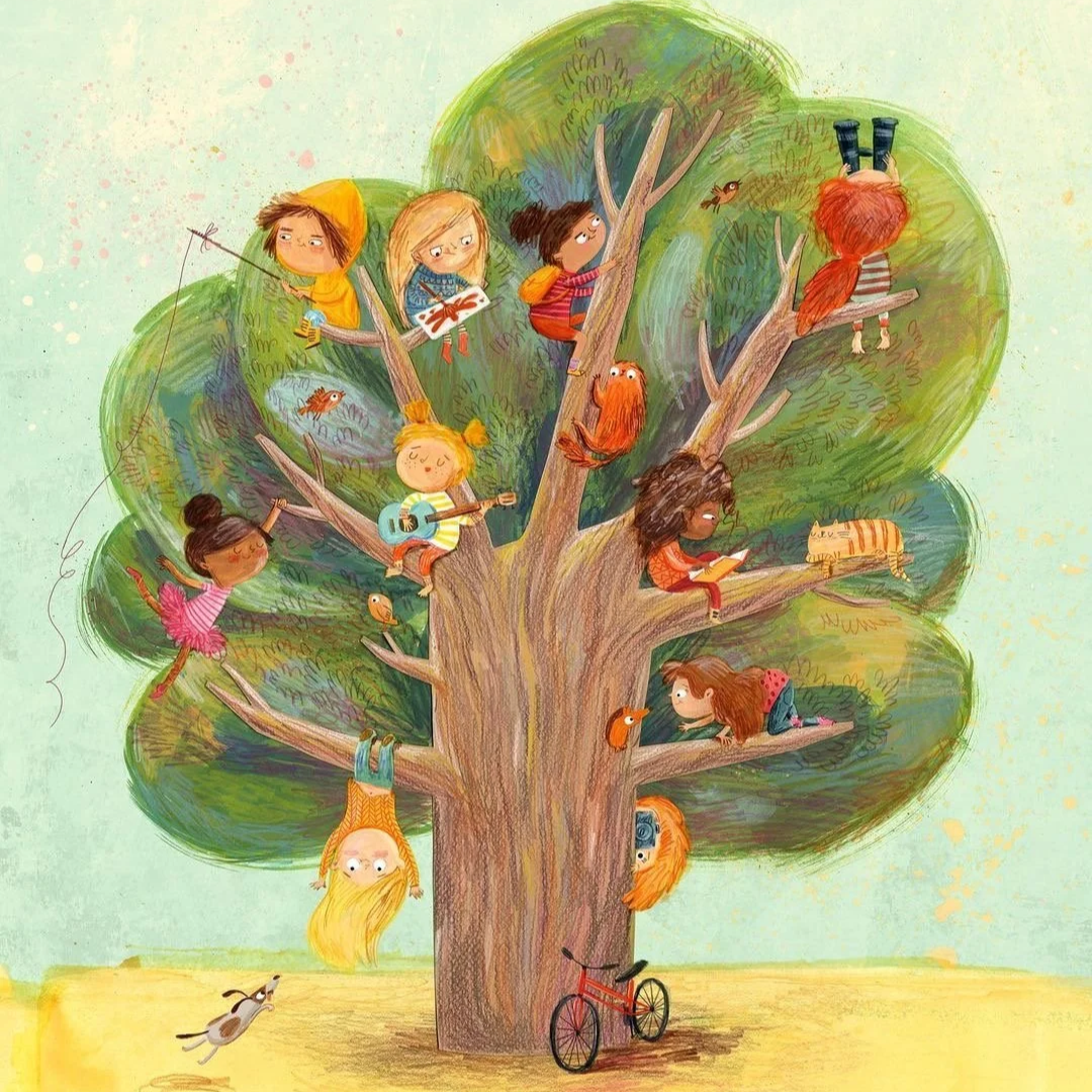 Colorful illustration of children sitting and hanging from the branches of a large, leafy tree, engaging in activities like reading, playing guitar, and drawing, with a bicycle parked at the base of the tree and a dog running nearby.