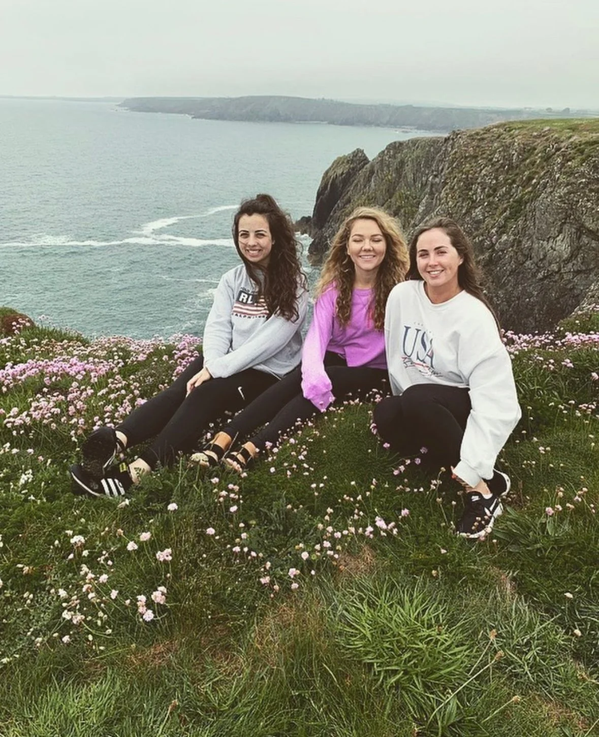 Three young women sitting on grass with pink flowers, by the coast with rocky cliffs and water in the background.