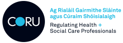 CORU logo with text in Irish and English about regulation in health and social care professionals.