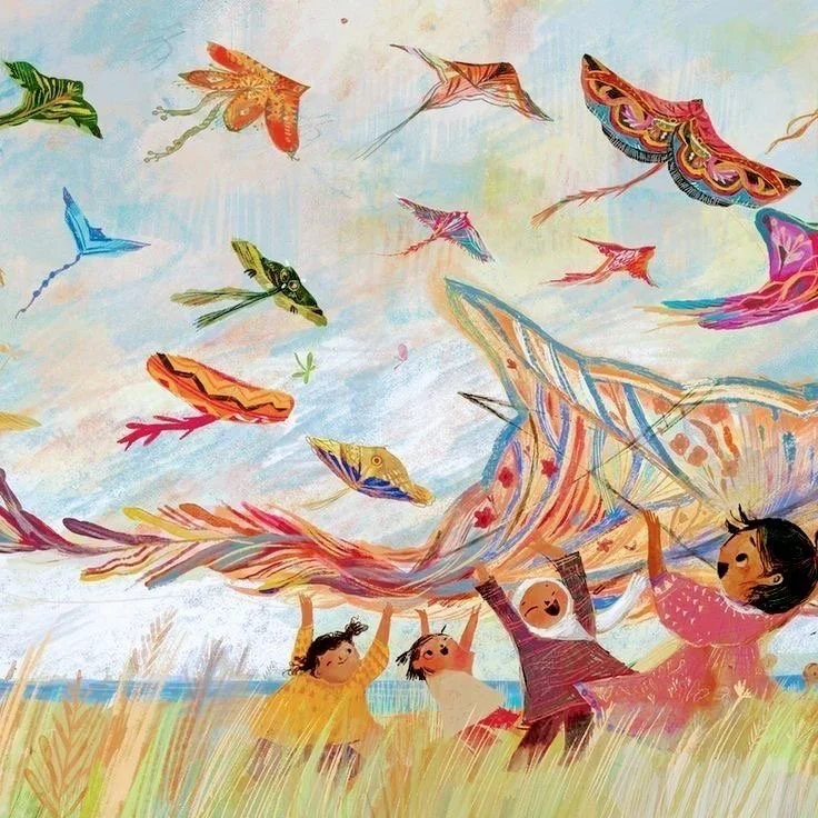 Children flying a colorful kite with butterfly-shaped and bird-shaped designs on a breezy day.
