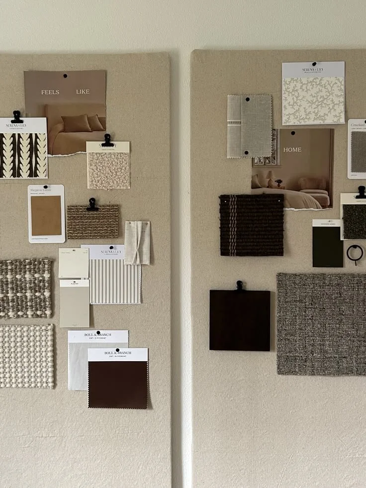 Interior design sample boards with fabric swatches, paint chips, and wallpaper samples for home decor.