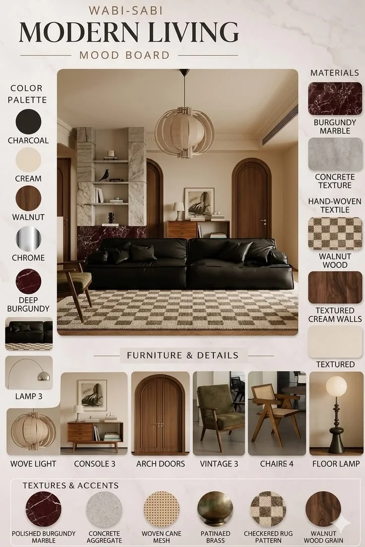 Interior living room with a modern design featuring a black sofa, wooden arch doors, a patterned area rug, and various decorative elements and materials listed on an interior design mood board.