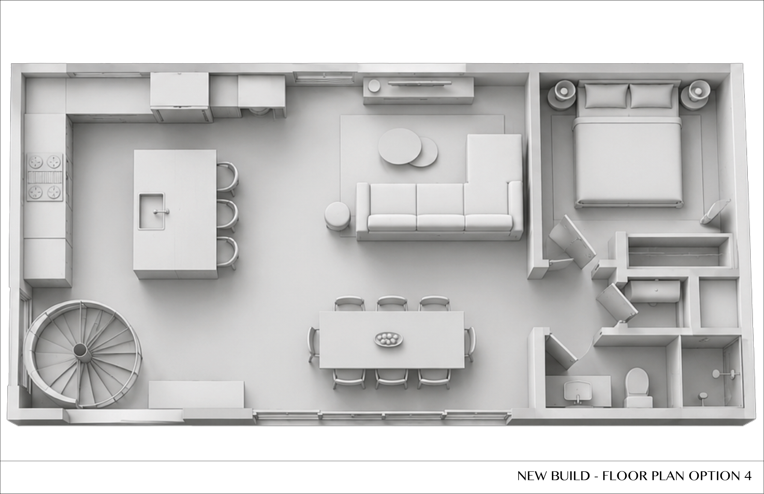 Top-down view of a 3D floor plan layout of a residential space, including a kitchen, living area, dining table with chairs, bedroom, and spiral staircase.